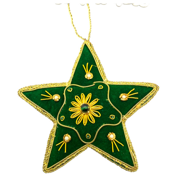 Zari Green Star Christmas Ornament, Zardozi Embroidery, Gift Bag - Picture 5 of 6